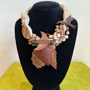 Carved Wooden Birds Statement Necklace Natural Leaves String Brown Tan